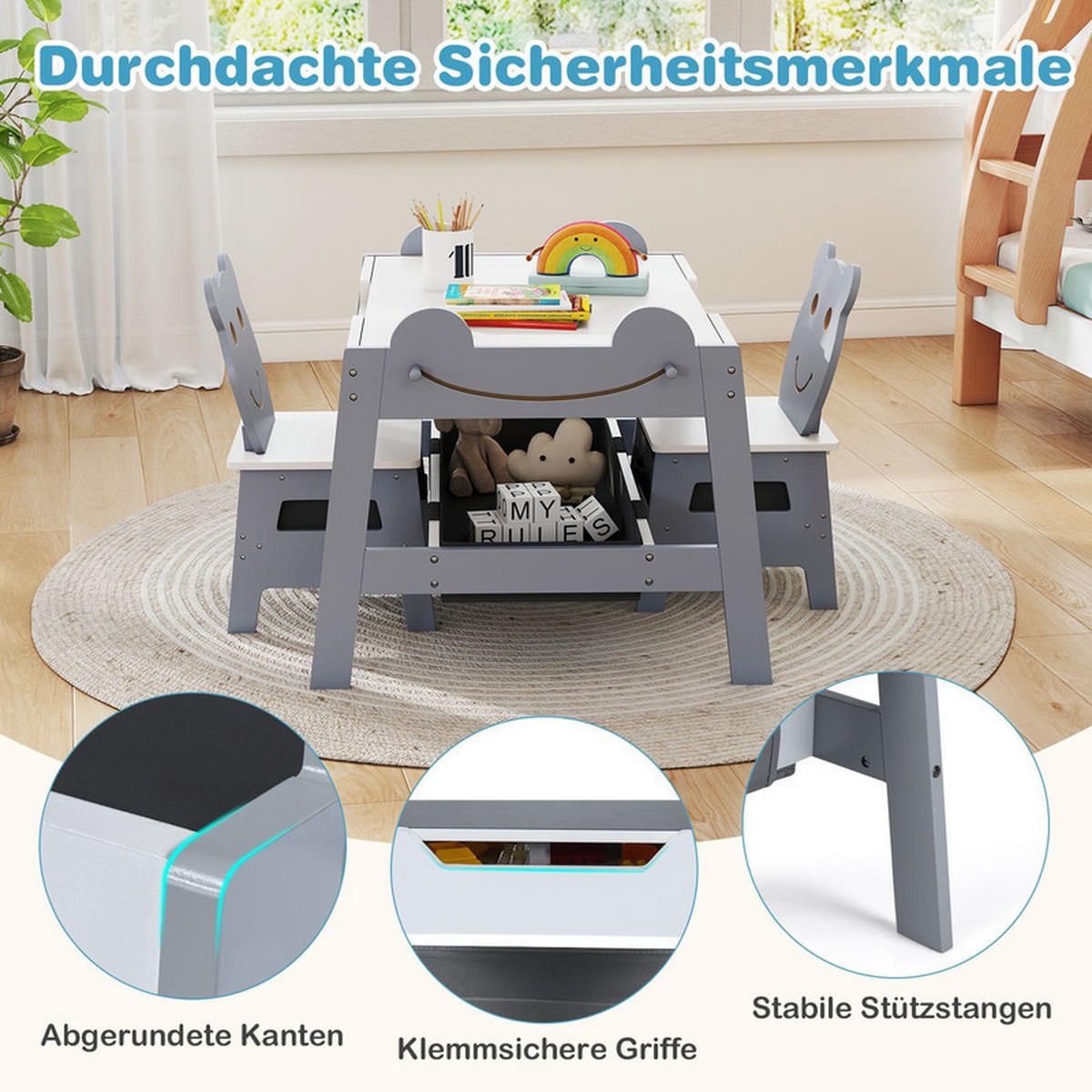KINDERTISCH mit stuhl grau(3-tlg) - Grau, Holzwerkstoff (70/50/60.5cm) - COSTWAY