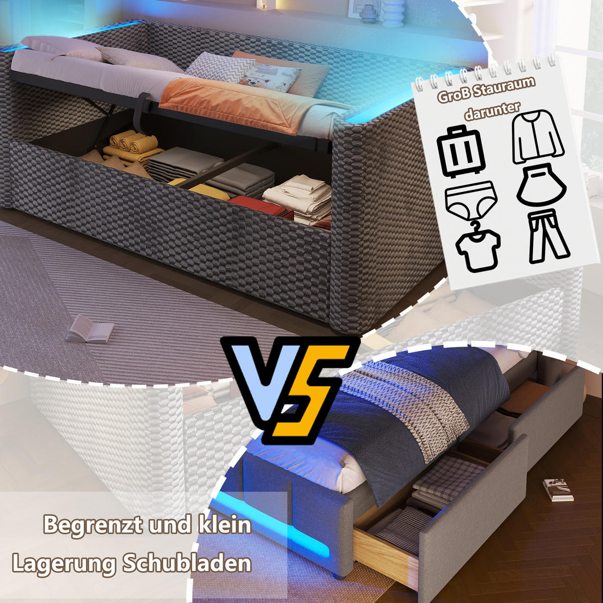 TAGEBETT 90x200cm Grau Samt LED-Licht Hydraulik Stauraum - Grau, Holz (90/200cm) - FLIEKS