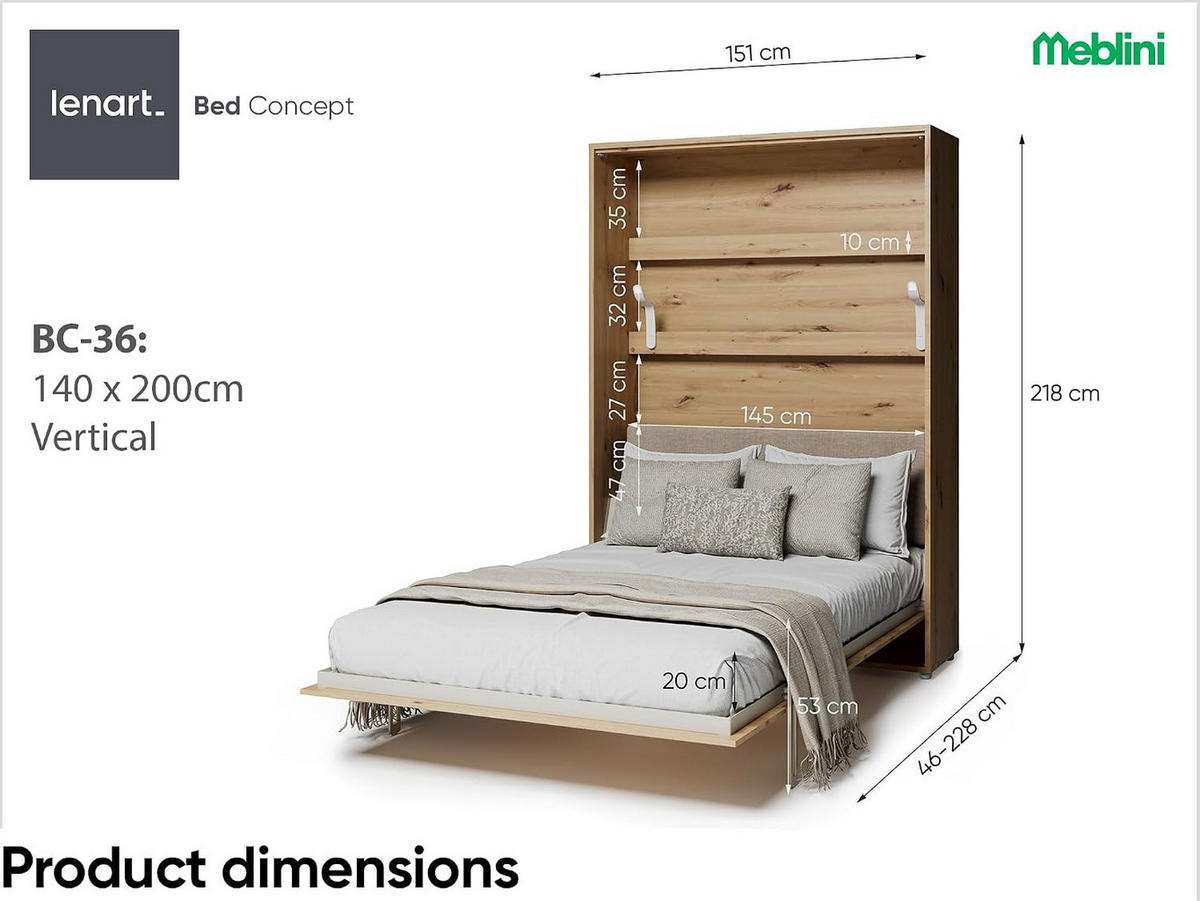 SCHRANKBETT BED CONCEPT BC-36 - Beige/Eiche Artisan, Holzwerkstoff (140/200cm)