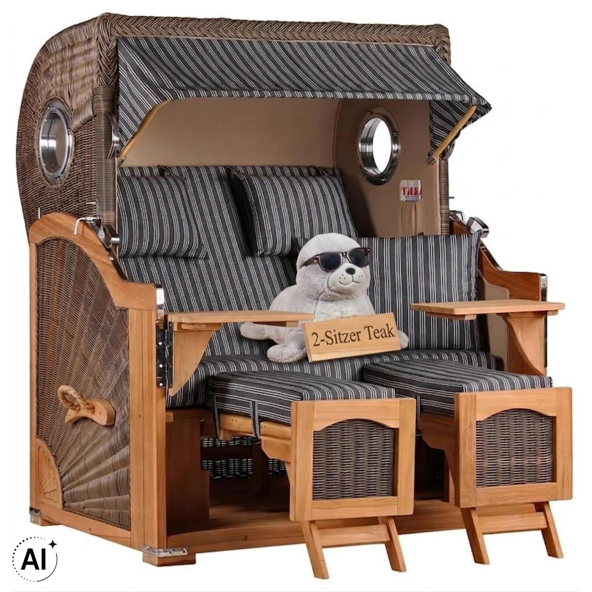STRANDKORB Düne 2 Sitzer Teak PE Grey - Schwarz/Braun, Holz/Metall (125/170/80cm) - Mr. Deko