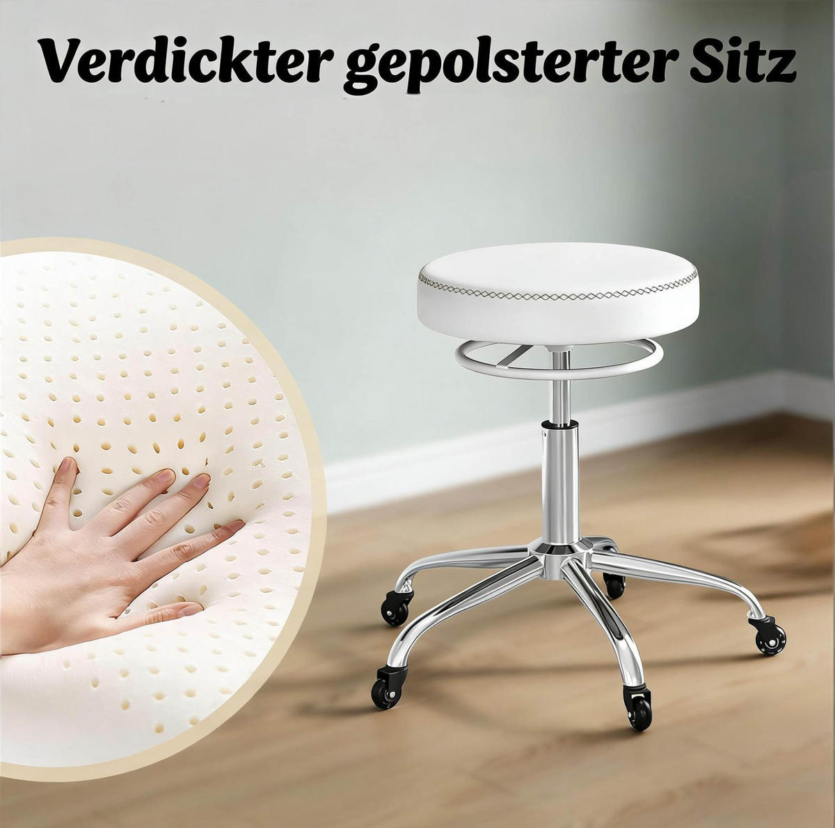 BÜROHOCKER höhenverstellbar mit Rollen 46-58 cm PU White - Weiß, Metall (49/58/49cm) - Meubliv