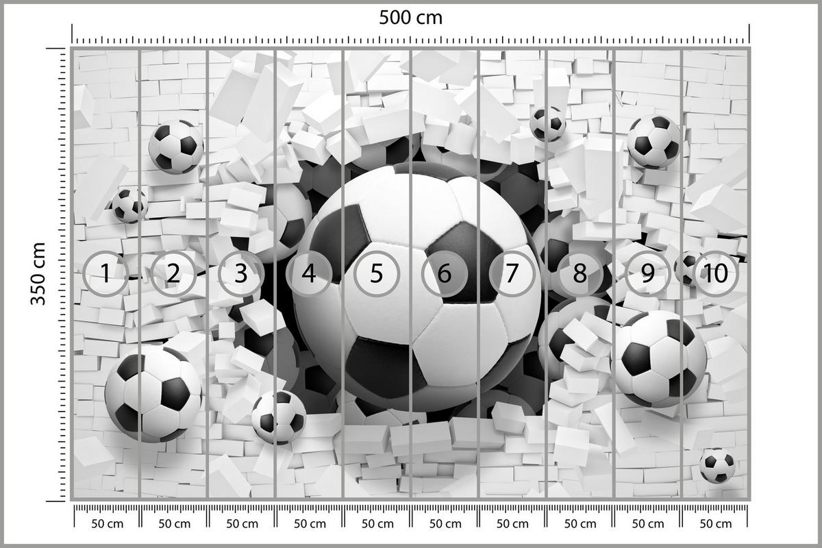 FOTOTAPETE für Jugendzimmer Fußbälle Weiße Ziegelwand Sport 500x350 - Schwarz/Weiß, Papier (500/350cm) - Muralo