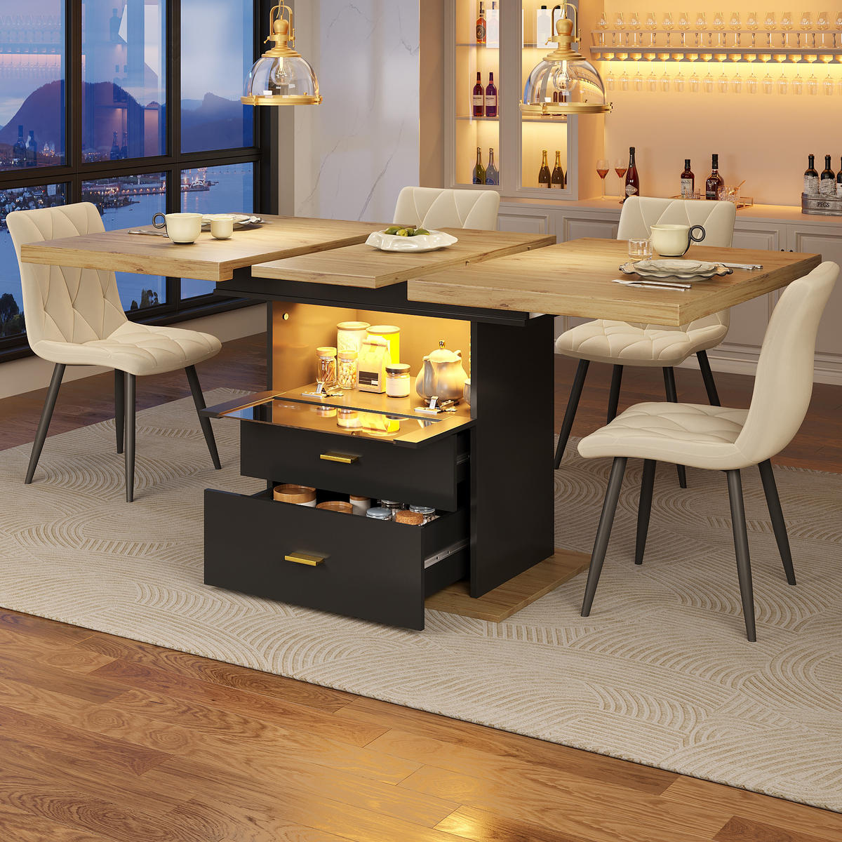 ESSTISCH 110-140x80x75 cm in Natur und Schwarz aus MDF mit LED-Beinen ausziehbar - Naturfarben, Holzwerkstoff (140/80/75cm) - Modfu