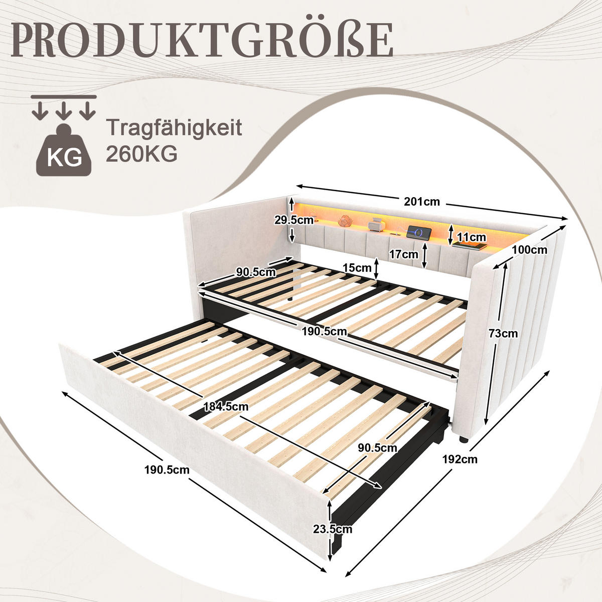 BETT 90/190 cm mit ausziehbarem Bett & USB-Type-C-Anschluss und LED-Beleuchtung Samt Beige - Beige, Textil (90/190cm) - OKWISH