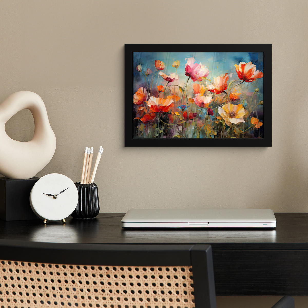 POSTER MIT RAHMENGERAHMTES BILD Blumen - Aquarell - Kunst - Botanisch - Natur 30x20 cm - Orange, Papier (30/20cm) - MuchoWow