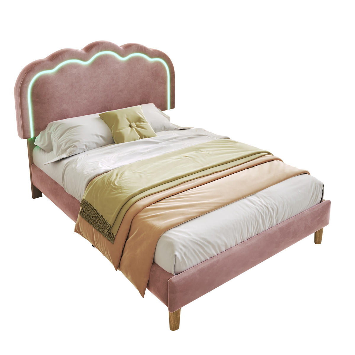 POLSTERBETT 90/200 cm rosa mit LED-Beleuchtung und verstellbarem Kopfteil - Pink, Textil (90/200cm) - OKWISH