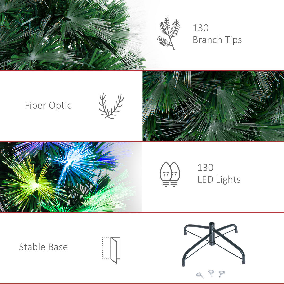 WEIHNACHTSBAUM 1,2 m Christbaum 130 Zweige Metallfuß mehrfarbige Lichteffekte - Grün, Kunststoff (120cm) - HOMCOM