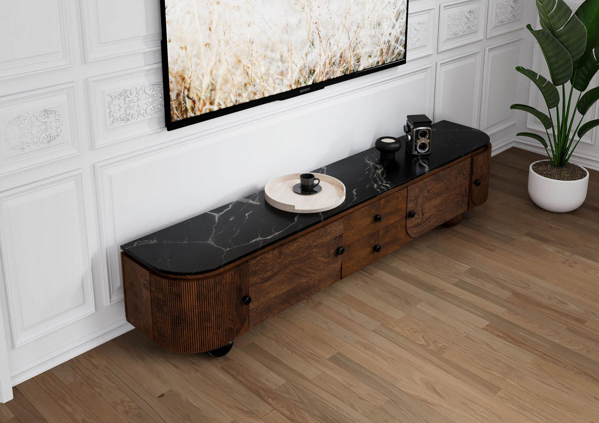 TV-BOARD Mango 220x40x50 dunkelbraun lackiert / Marmor schwarz FLORENZ #202 - Dunkelbraun, Holz (220/50/40cm) - Massivmoebel24