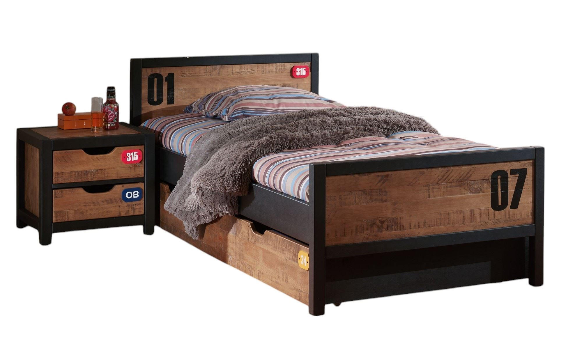 BETT mit Nachtkommode Kameko aus MDF+Massivholz Schwarz/Cognac - Cognac/Schwarz, Holzwerkstoff (90/200cm) - 58aufmkessel