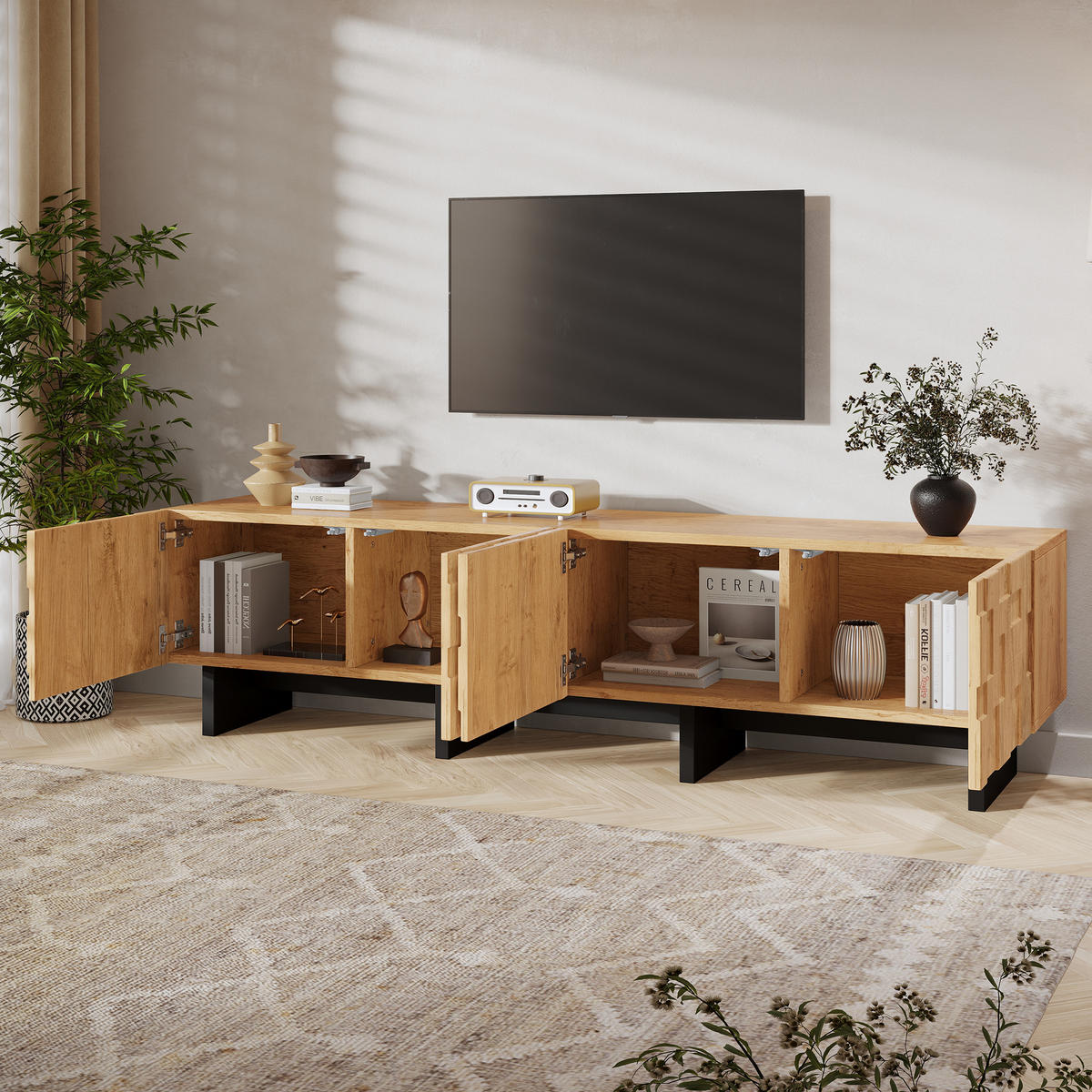 TV-BÄNK Naturträoptik 180 cm för 75 tums TV med 4 våffelmönstrade dörrar - Naturfärgad, Träbaserade material (180/45/38.5cm) - Urban Meuble