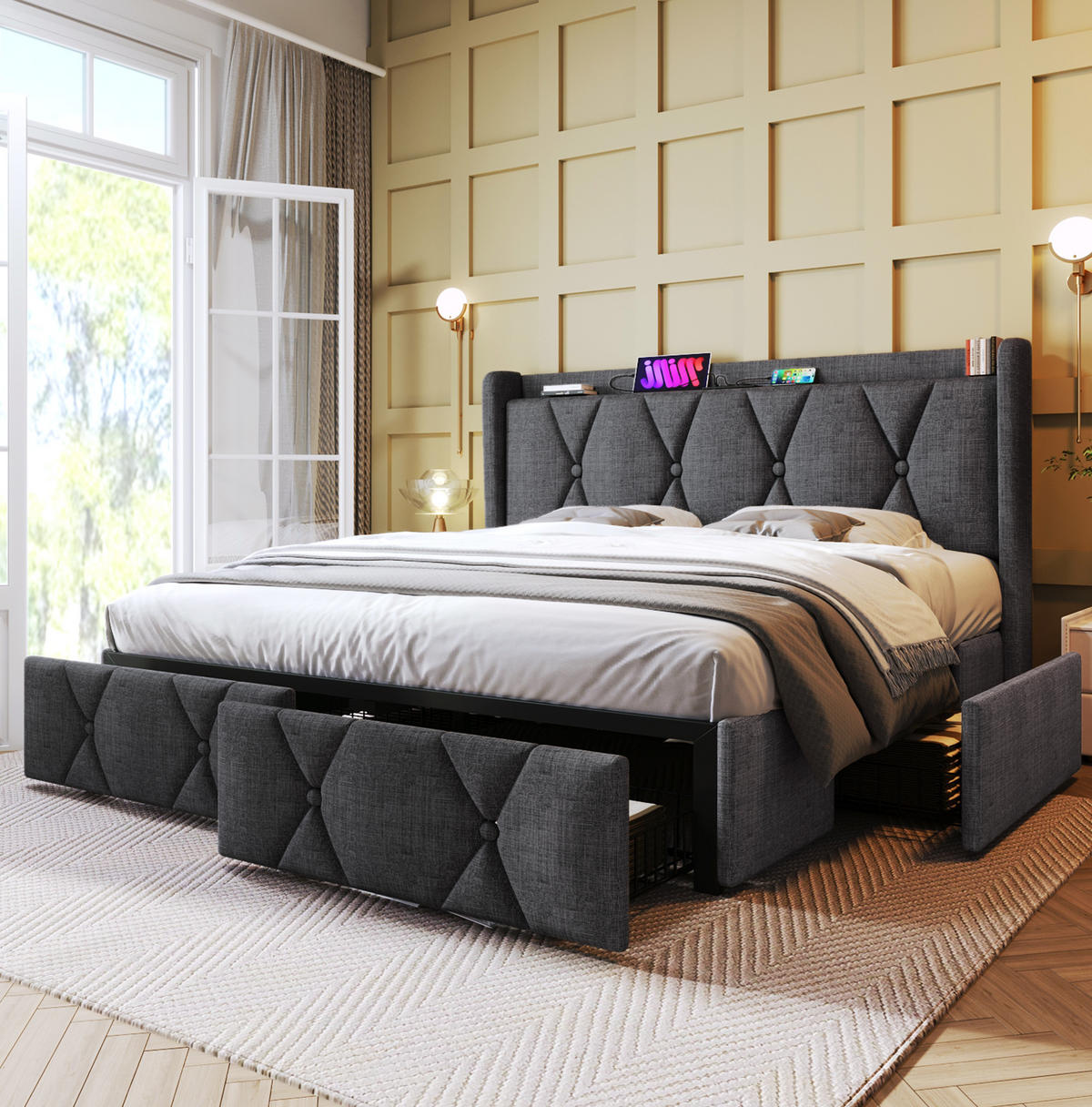 POLSTERBETT 160/200 cm mit USB-Anschlüssen, Steckdosen und 4 Schubladen, Leinenoptik, Grau - Grau, Textil (160/200cm) - Redom