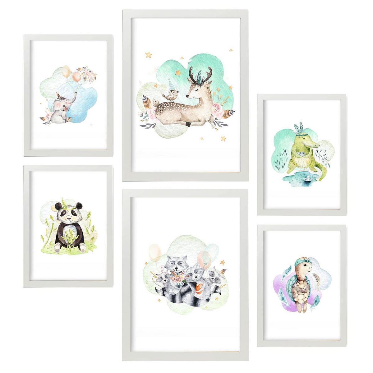 POSTER Set Mit 6 Tierfamilien Weißer Hintergrunddruck Mit Tierfamilienthemen Im Pastell Aquarell Stil Innenarchitektur A3 & A4 Weißer Rahmen - Weiß, Papier (29/3cm) - Nacnic