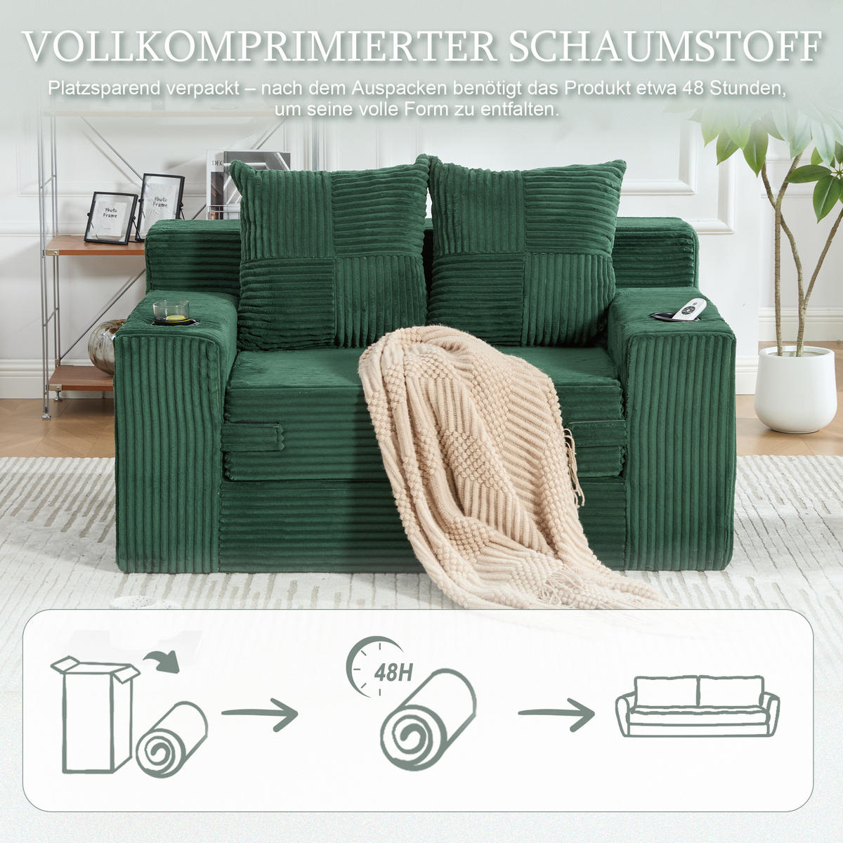 1,5-SITZER ausklappbar, Getränkehalter/Seitentasche, Cord, Grün - Grün, Textil (133/64/87cm) - LVHOM