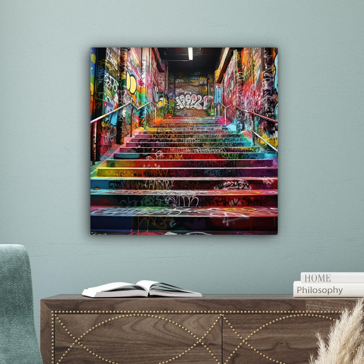 LEINWANDBILD Treppe - Graffiti - Farben - Kunst 50x50 cm - Multicolor, Textil (50/50cm) - MuchoWow