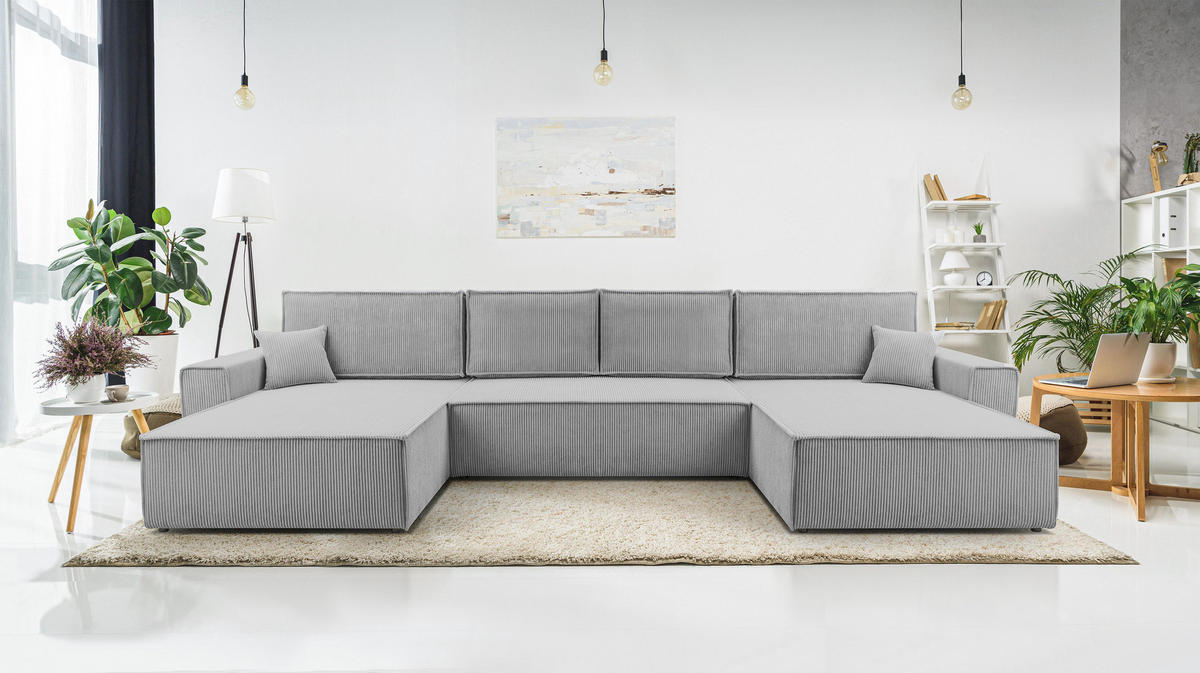 WOHNLANDSCHAFT Cedria Hellgrau 389/145/85 cm mit Schlaffunktion - Hellgrau/Schwarz, Kunststoff/Textil (389/85/145cm) - AX Living