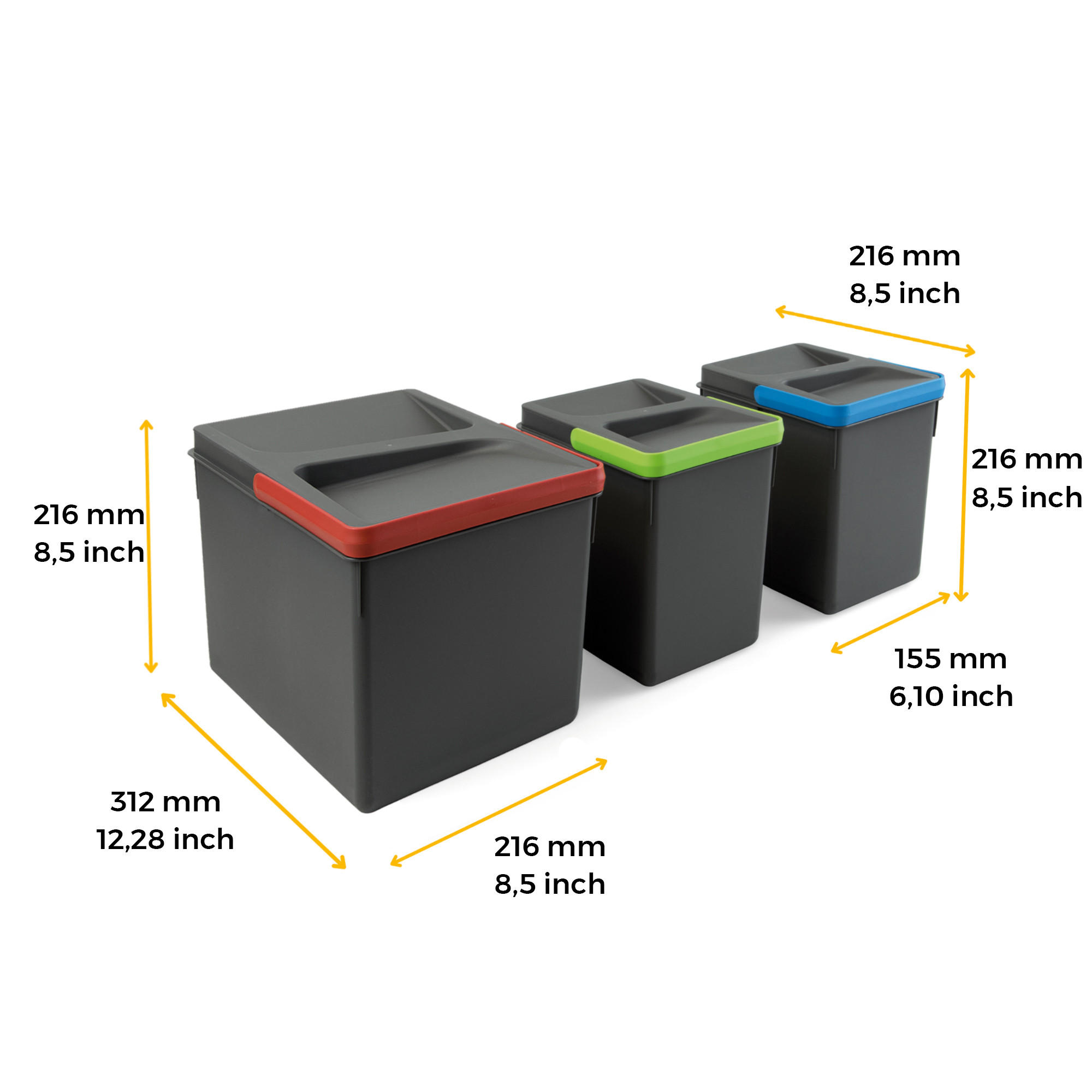 RECYCLINGBEHÄLTER für Küchenschublade, Höhe 216mm, 1x12l, 2x6l, Kunststoff anthrazitgrau 3er-set - Anthrazit, Kunststoff (21.6/22/31.2cm) - EMUCA