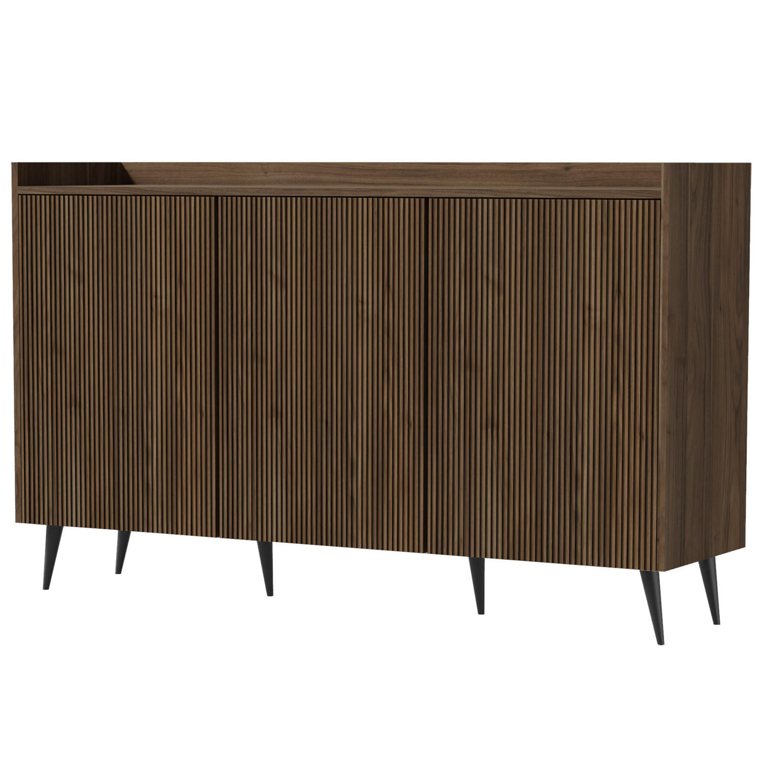 KOMMODE Amfali mit 3 Türen, geriffelte Fronten, Push-to-open, Metallbeine, 150 cm, Walnussfarben - Walnussfarben/Schwarz, Holzwerkstoff/Metall (150/92/41cm) - Beautysofa