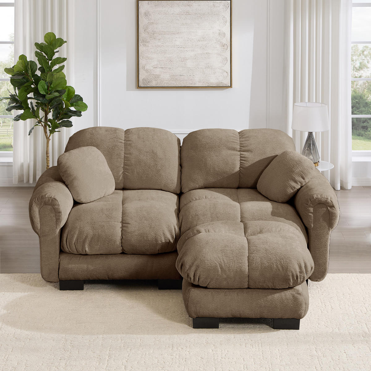 ECKSOFA DE-34384 L-Form mit Ottoman und Steppdesign Braun - Braun, Textil (149/190cm) - ComfortXL