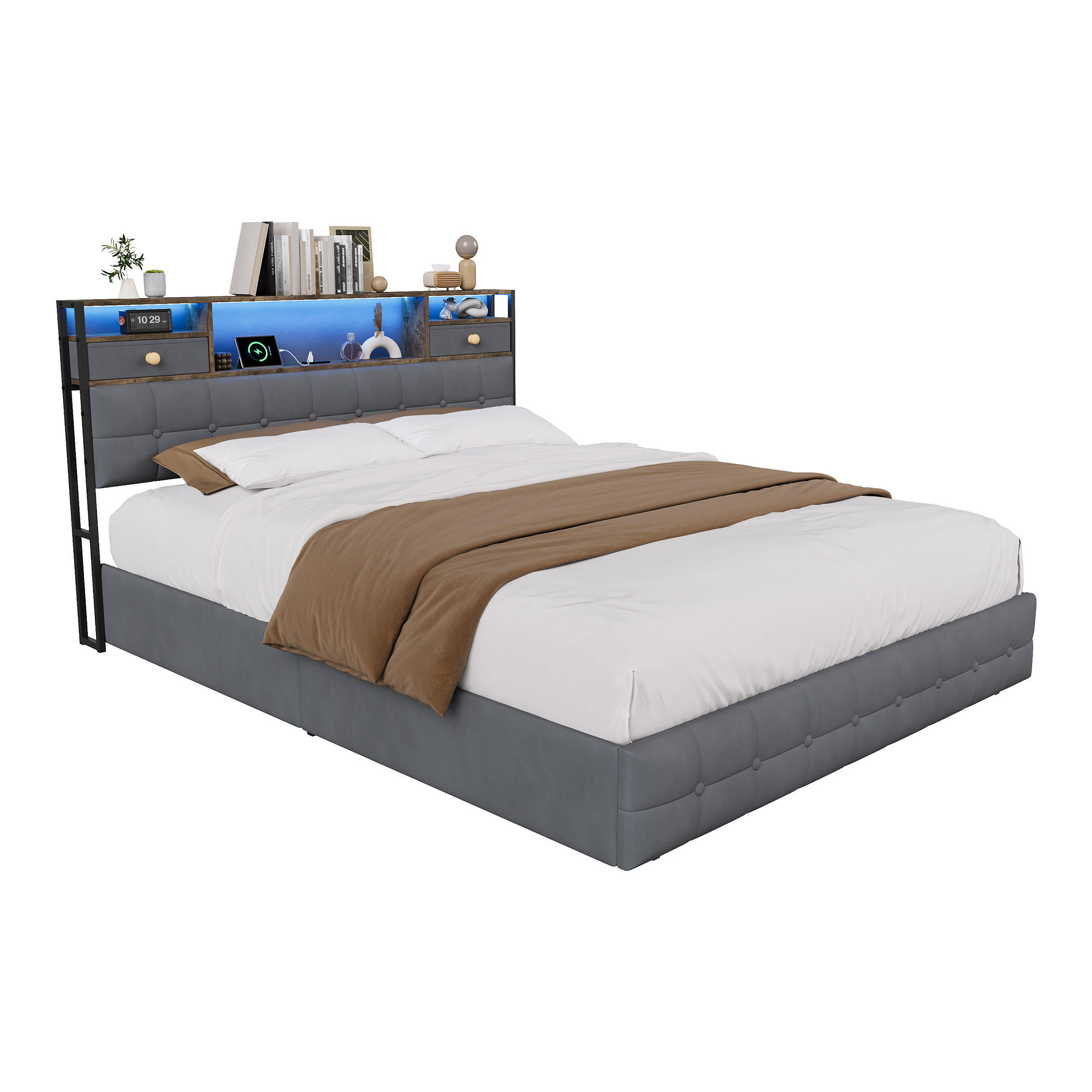 POLSTERBETT 140x200 cm Grau, Doppelbett Jugendbett mit Bettkasten, LED und Ports-USB - Grau, Holz/Metall (140/200cm) - PARAFTA HOME