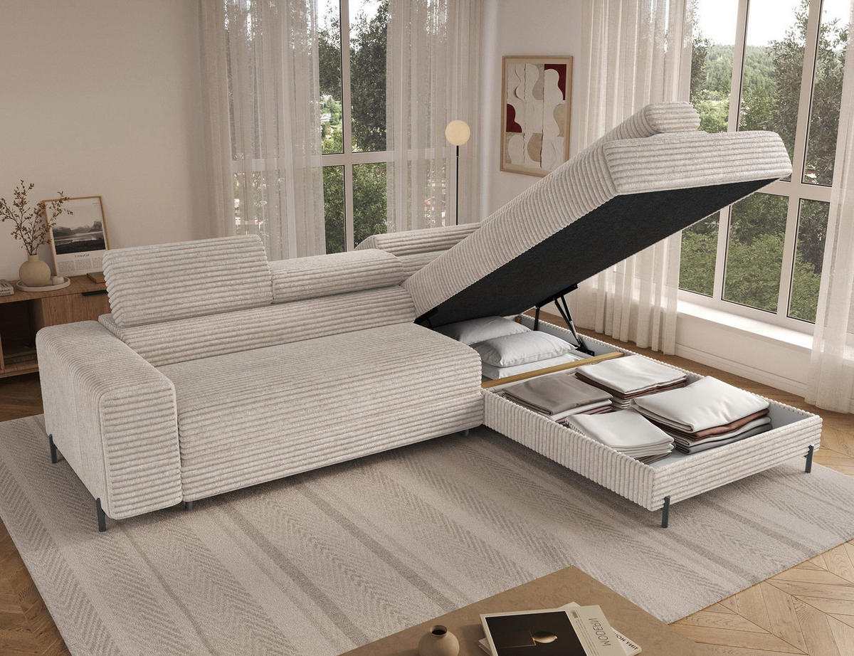 ECKSOFA COLESIO L-Form, Schlaffunktion, Bettkasten, verstellbare Kopfstützen, Wellenfederung, Metallfüße, breiter Cordstoff - Schwarz/Weiß, Kunststoff/Metall (204/269cm) - Wohnideebilder
