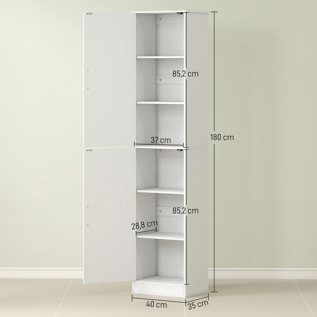 BADEZIMMERSCHRANK Badschrank Hochschrank schmal mit 2 Türen Verstellbare Regale - Weiß, Karton (35/180/40cm) - HOMCOM