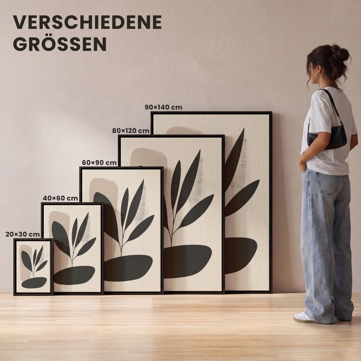 LEINWAND Bilder mit Rahmen - Pflanze - Beige - Japanisch - 100x150 - Schwarz, Textil (100/150cm) - MuchoWow