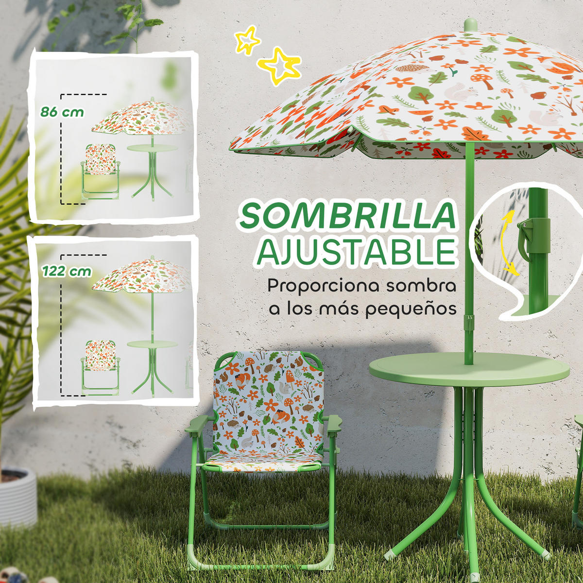 GARTEN-SET, Klappbares Set für Kinder 2–5 Jahre mit Sonnenschirm, Grün - Multicolor, Holzwerkstoff - FORIOUS
