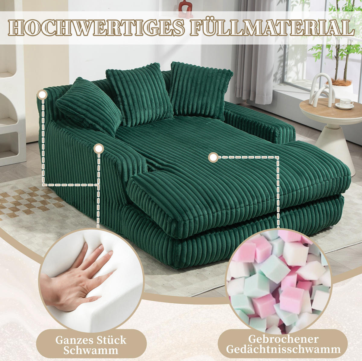 BIGSOFA 125/155/63 cm in Cord Smaragdgrün – bodennahe Chaiselongue mit 3 Kissen - Smaragdgrün, Textil (63/125/155cm) - BEAOK