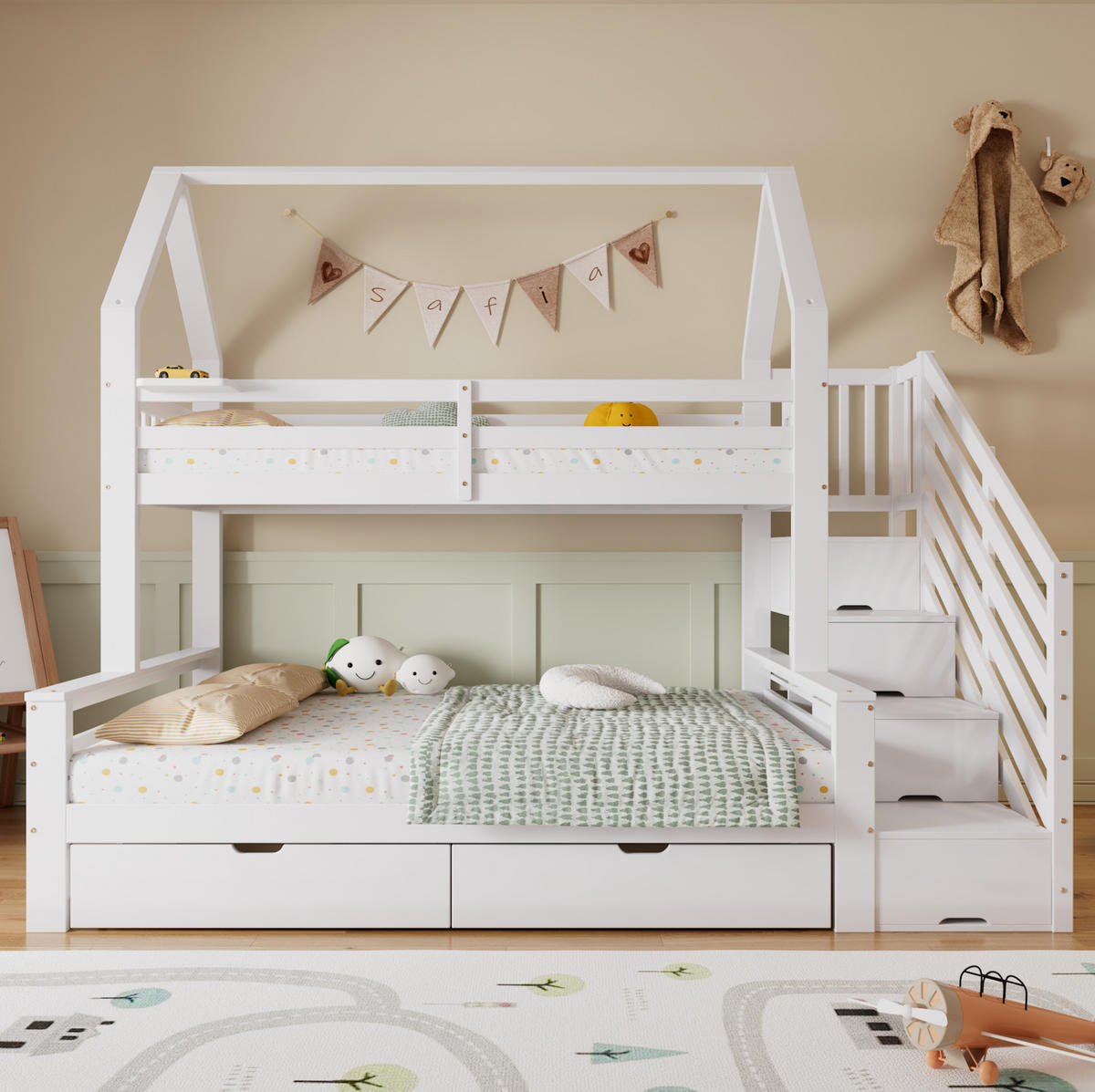 PATROVÁ postel 90/200 cm a 140/200 cm bílá se stříškou a úložným prostorem - bílá, kompozitní dřevo (90/200cm) - OKWISH