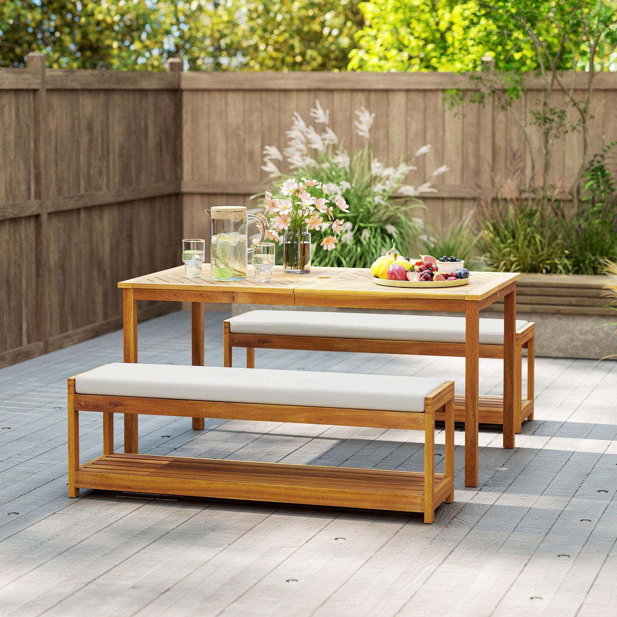 GARTENMÖBEL-SET 3-teilig DE-09824 mit Schirmloch und 2 Bänken Teak - Teakfarben, Holz - ComfortXL