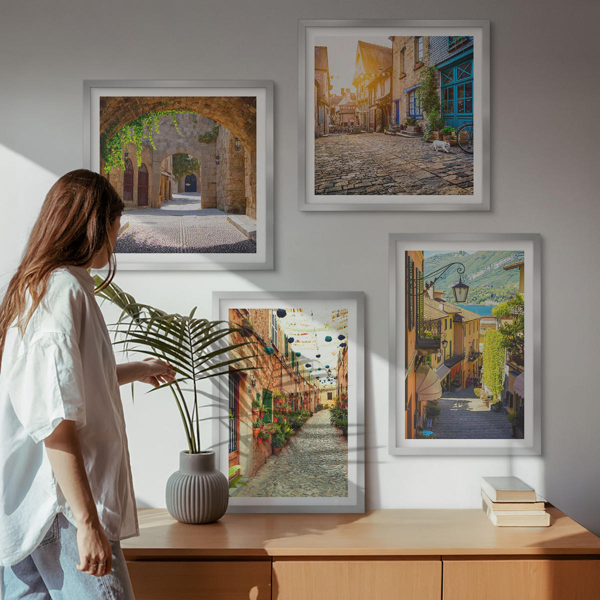 BILDER SET 4er Set - 50x50 cm & 40x60 cm Silberner Rahmen - Charmante Straßen mit Steinen - Silberfarben, Kunststoff (50/50cm) - TULUP