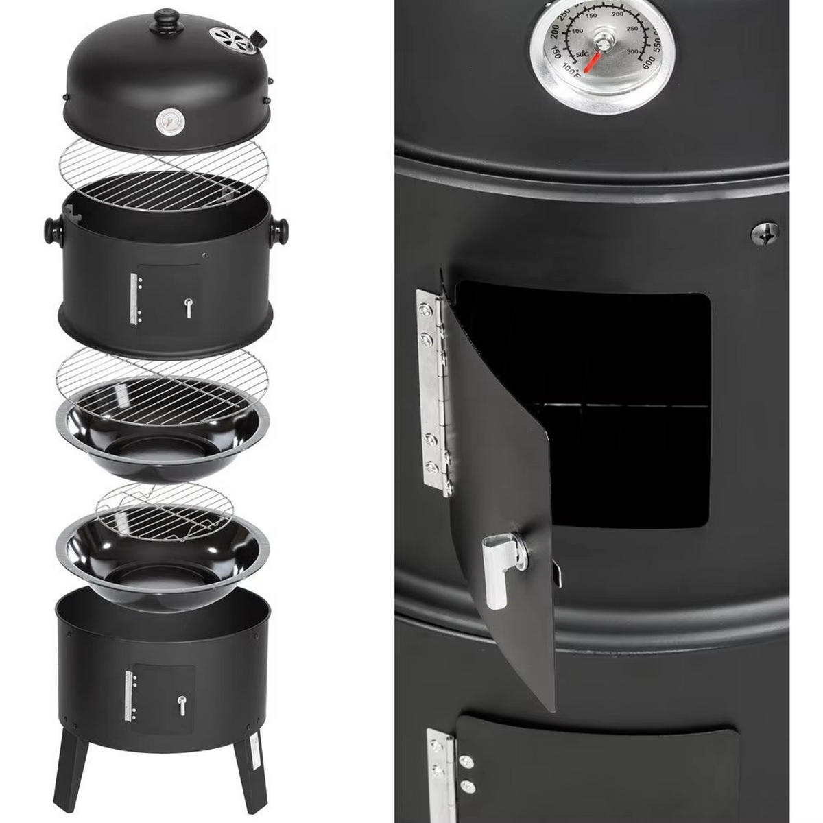 HOLZKOHLEGRILL Räucherfass Grill mit Thermometer BBQ - Schwarz, Metall (44.5/80cm) - Kaket