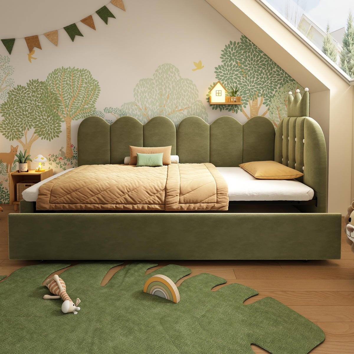 KINDERBETT Kindereinzelbetten 90/200 cm mit Ausziehbett 90/190 cm, L-Form, Kronen- und Gitterdesign aus Samt, Grün - Grün, Textil (90/200cm) - Redom