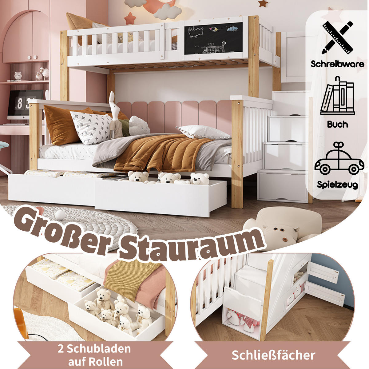KINDER-ETAGENBETT 90x200+140x200 Tafel Schubladen Weiß Eiche - Multicolor, Holzwerkstoff (140/200cm) - FLIEKS