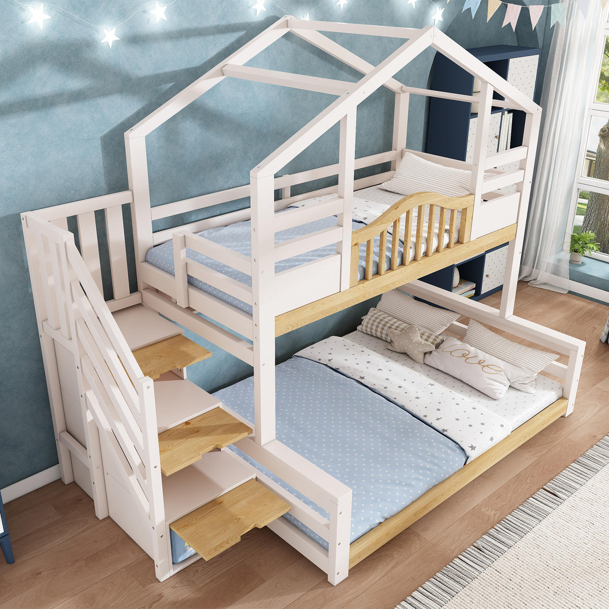 ETAGENBETT mit Treppenschrank 90x200/140x200 cm Weiß Wood 4-tlg. - Weiß, Holz (90/200cm) - Meubliv