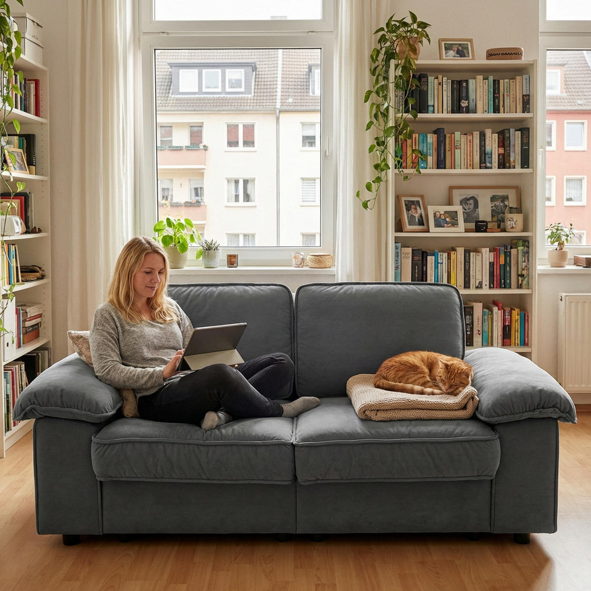 SOFA mit Stauraum und Taschenfederkern 61 cm Sitztiefe 201/91/89 cm Grau - Grau, Textil (91/89/201cm) - Redom