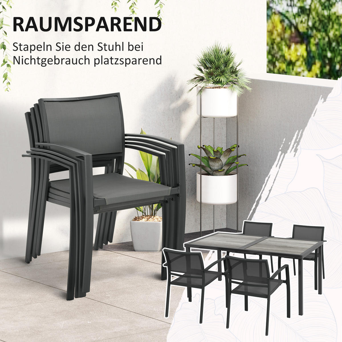 SITZGRUPPE Gartenmöbel-Set, 1 Esstisch, 4 stapelbaren Stühlen, Textil, Dunkelgrau - Grau, Textil/Metall - Outsunny
