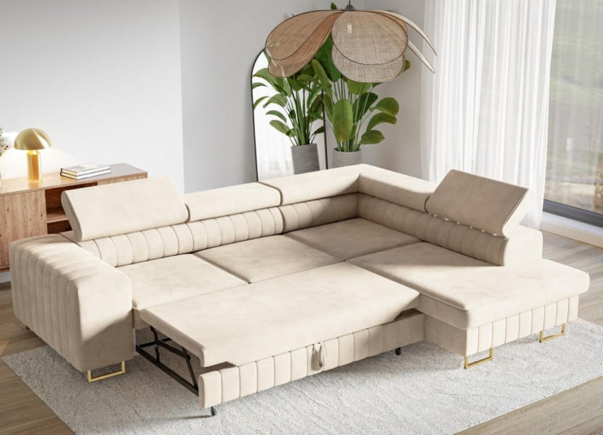 ECKSOFA Beige NOLA Matt Velvet Goldene Beine Rechts - Beige, Textil (203/274cm) - Sepro Meble