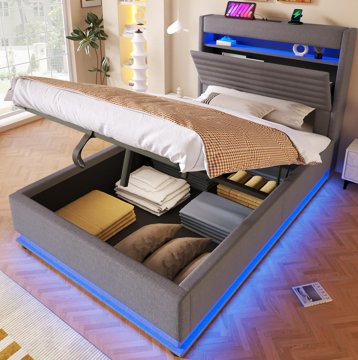 POLSTERBETT 90/200 cm aus Leinen mit LED-Beleuchtung und USB-Typ-C-Ladefunktion Grau - Flieder, Textil (90/190cm) - Modenvie