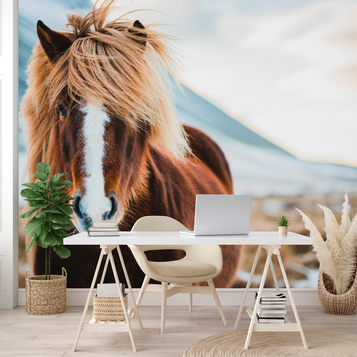 FOTOTAPETE für Schlafzimmer Isländisches Wildpferd Portrait Wiese 200x140 - Beige/Braun, Papier (200/140cm) - Muralo