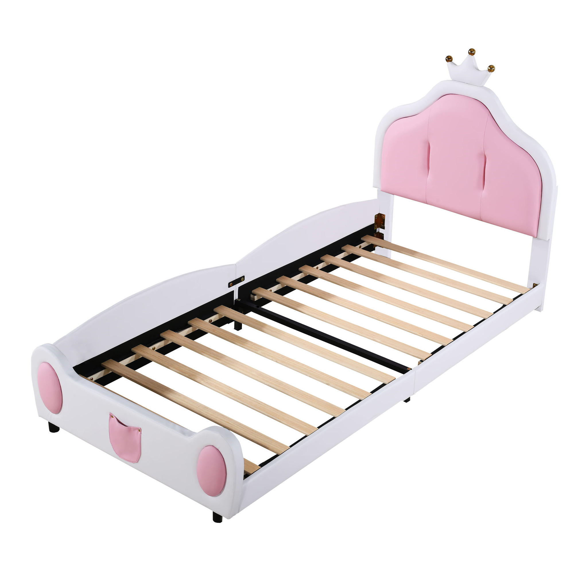 KINDERBETT 90/200 cm aus Kunstleder in Weiß/Rosa mit Kronen-Kopfteil - Weiß, Textil (90/200cm) - BEAOK