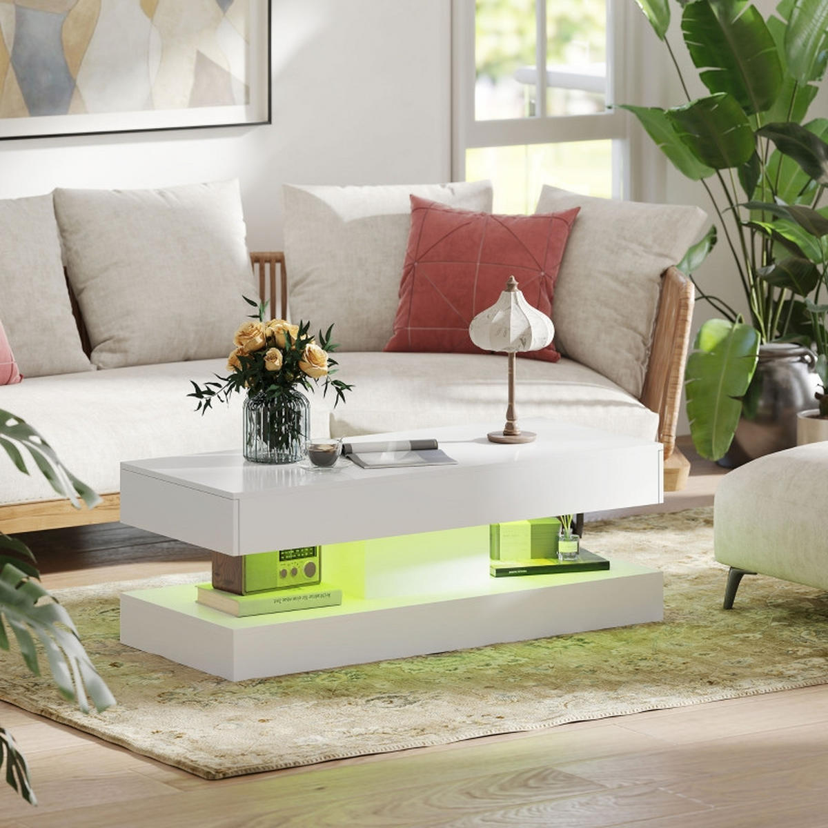 COUCHTISCH 120/50/42 cm weiß aus Holz mit LED-Beleuchtung und Schubladen - Weiß, Holz (120/50/42cm) - OKWISH