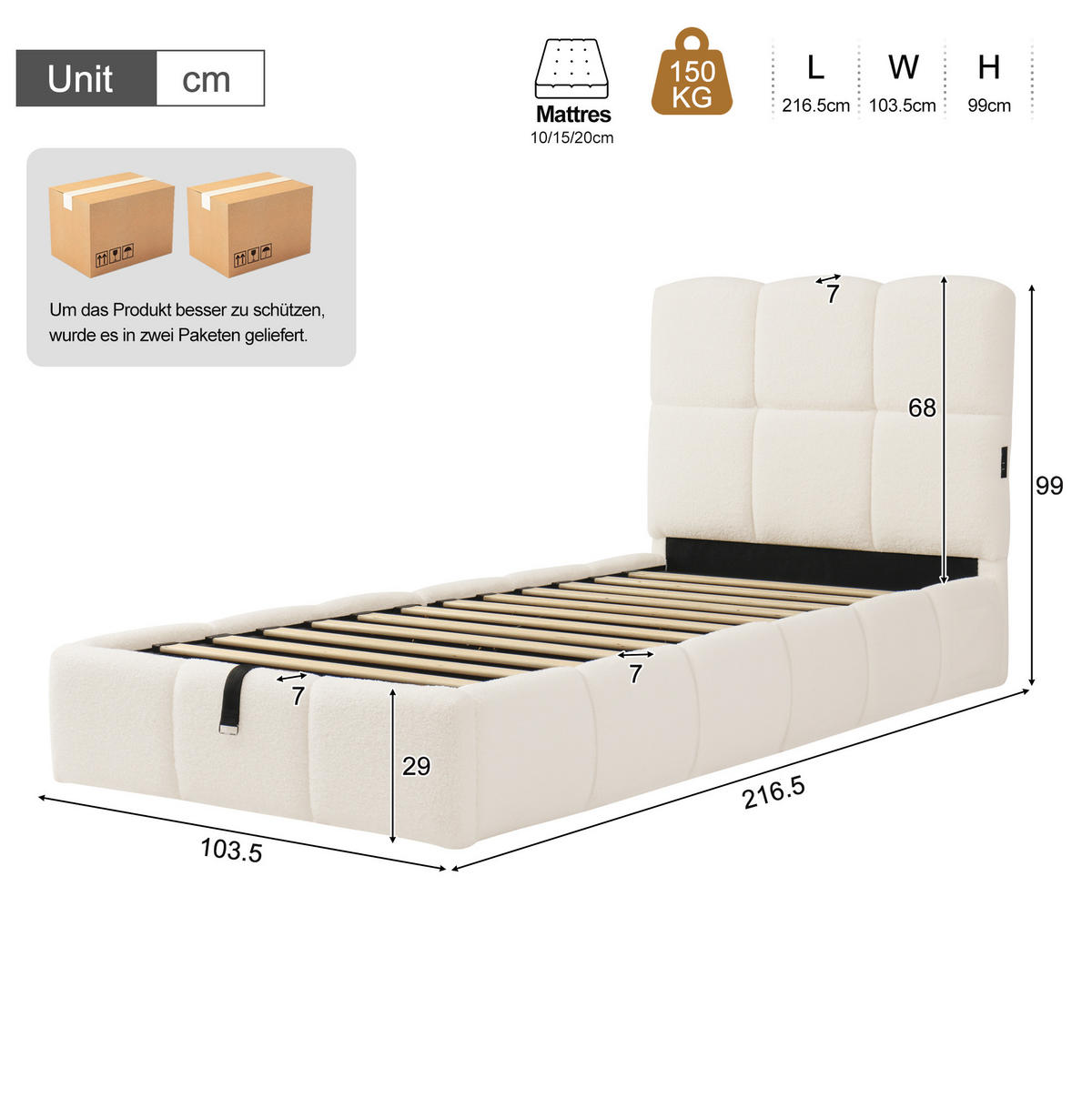 POLSTERBETT 90/200 cm mit Lattenrost, hydraulischem Stauraum und USB-C-Anschluss, Beige - Beige, Textil (90/200cm) - Redom