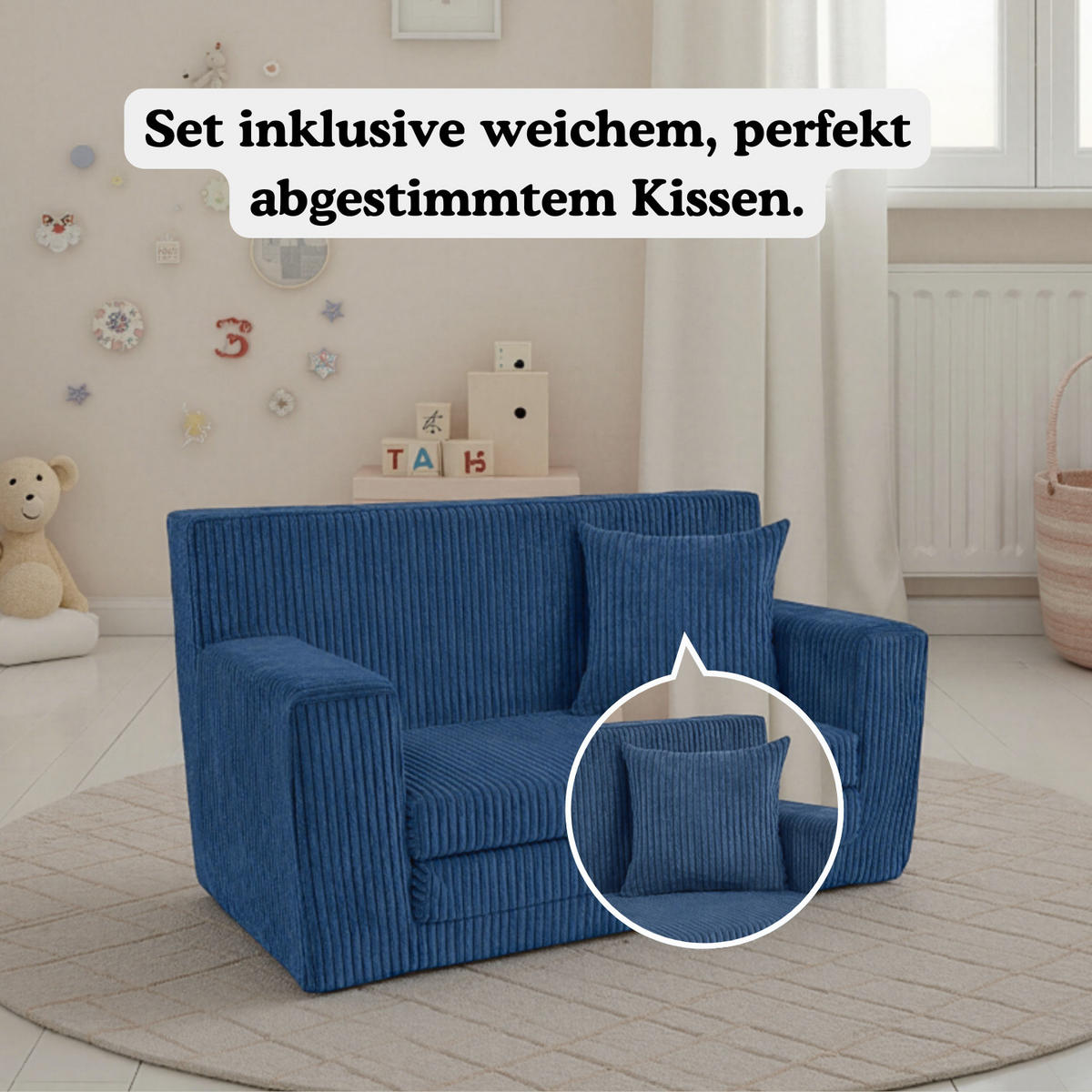 KINDERSOFA aus kuscheligem Cord in Navyblau - Dunkelblau, Textil (83/47/43cm) - Fortisline