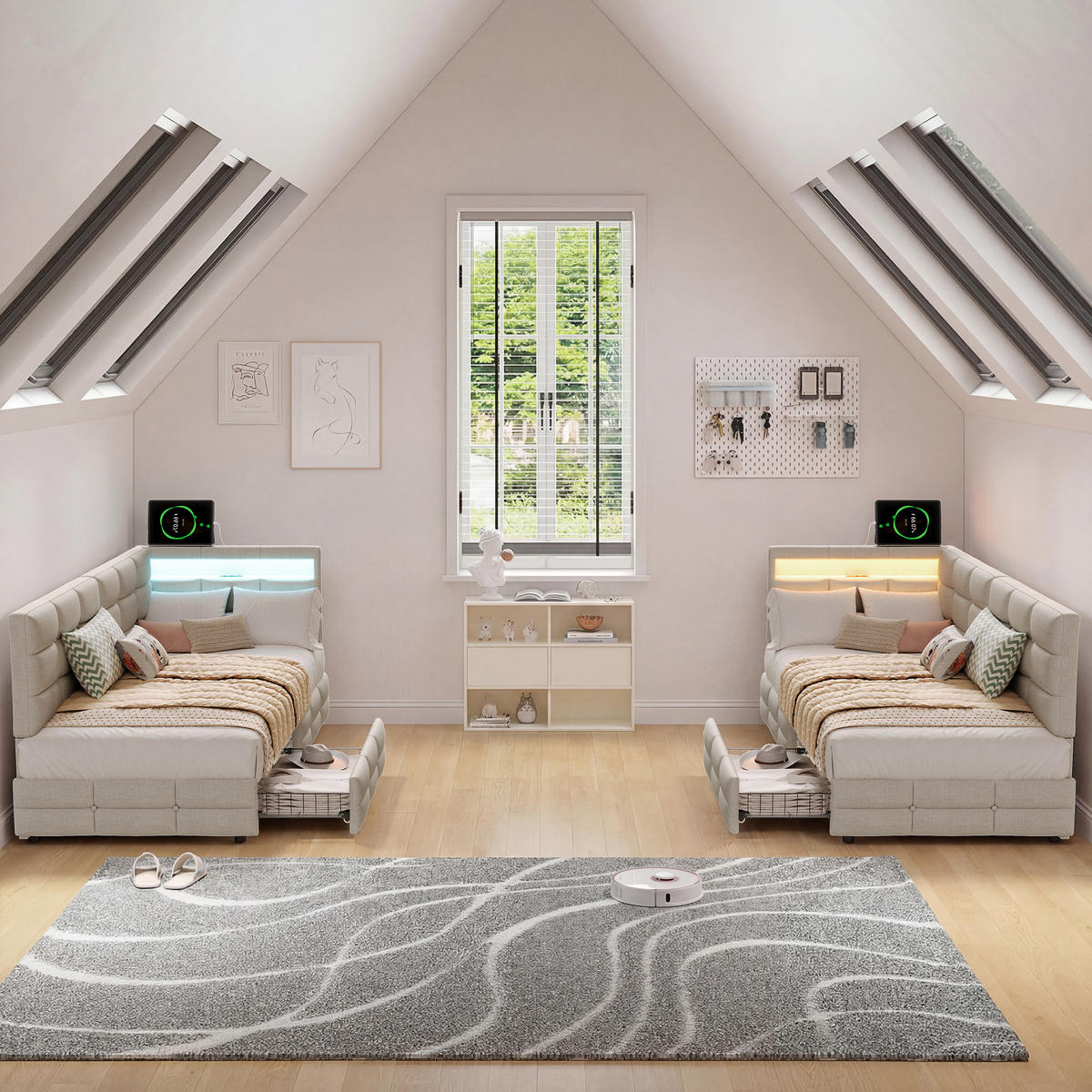 POLSTERBETT 90/200 cm Beige mit Schublade und LED-Beleuchtung - Beige, Holz (90/200cm) - SHOPENTRA