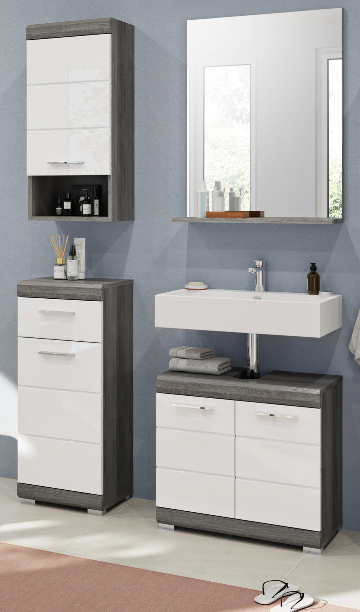 BADMÖBEL-SET weiß Hochglanz, grau 4-teilig 112 cm, Komplettset mit 7 Fächern - Weiß Hochglanz/Grau, Holzwerkstoff (112/191/34cm) - Inn.Furn