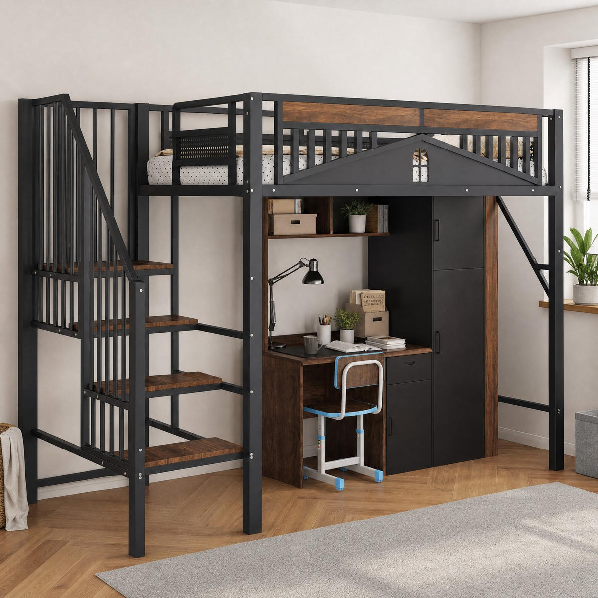 HOCHBETT 90/200 mit Sicherheitsleiter und Sicherheitsumrandung in Schwarz - Schwarz, Holz/Metall (90/200cm) - EVRYAE