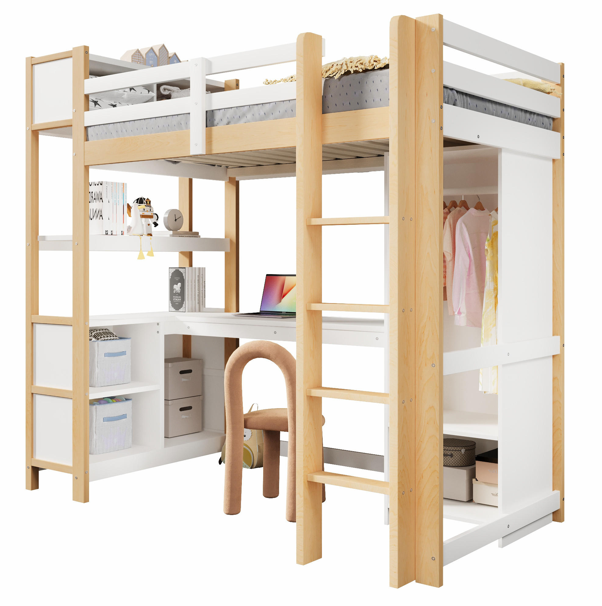 HOCHBETT 90/200 cm, Natur mit Schreibtisch, Regalen, Kleiderschrank, ohne Matratze - Weiß, Holz (90/200cm) - MIVRAY