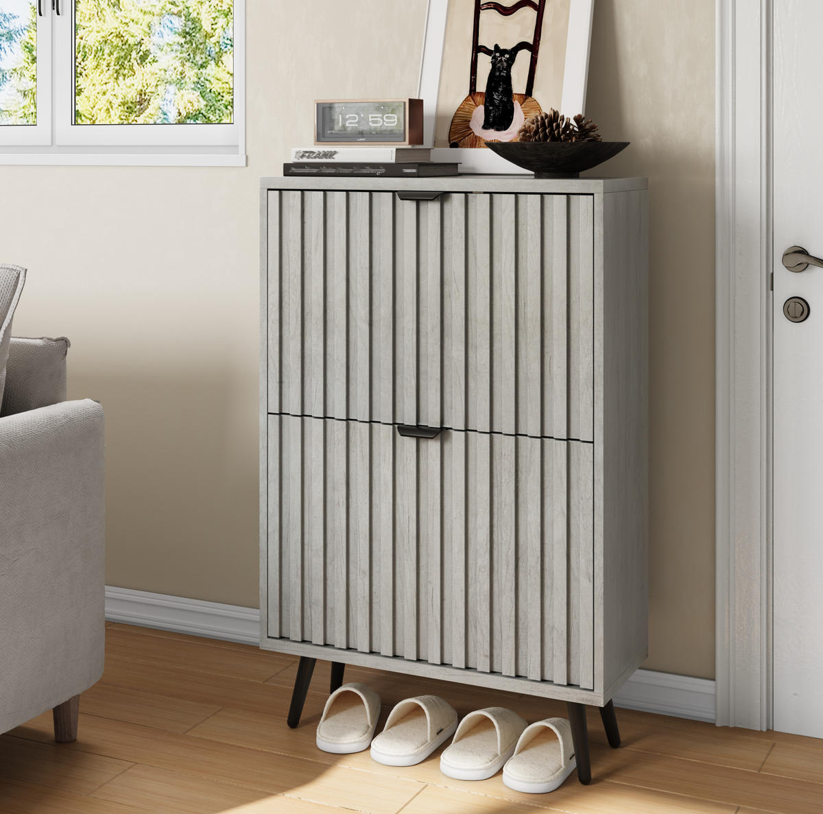 SCHUHSCHRANK 60 cm in Grau mit 2 Klappen und Rillendesign - Grau, Holzwerkstoff (60/94/24cm) - Flora Grace
