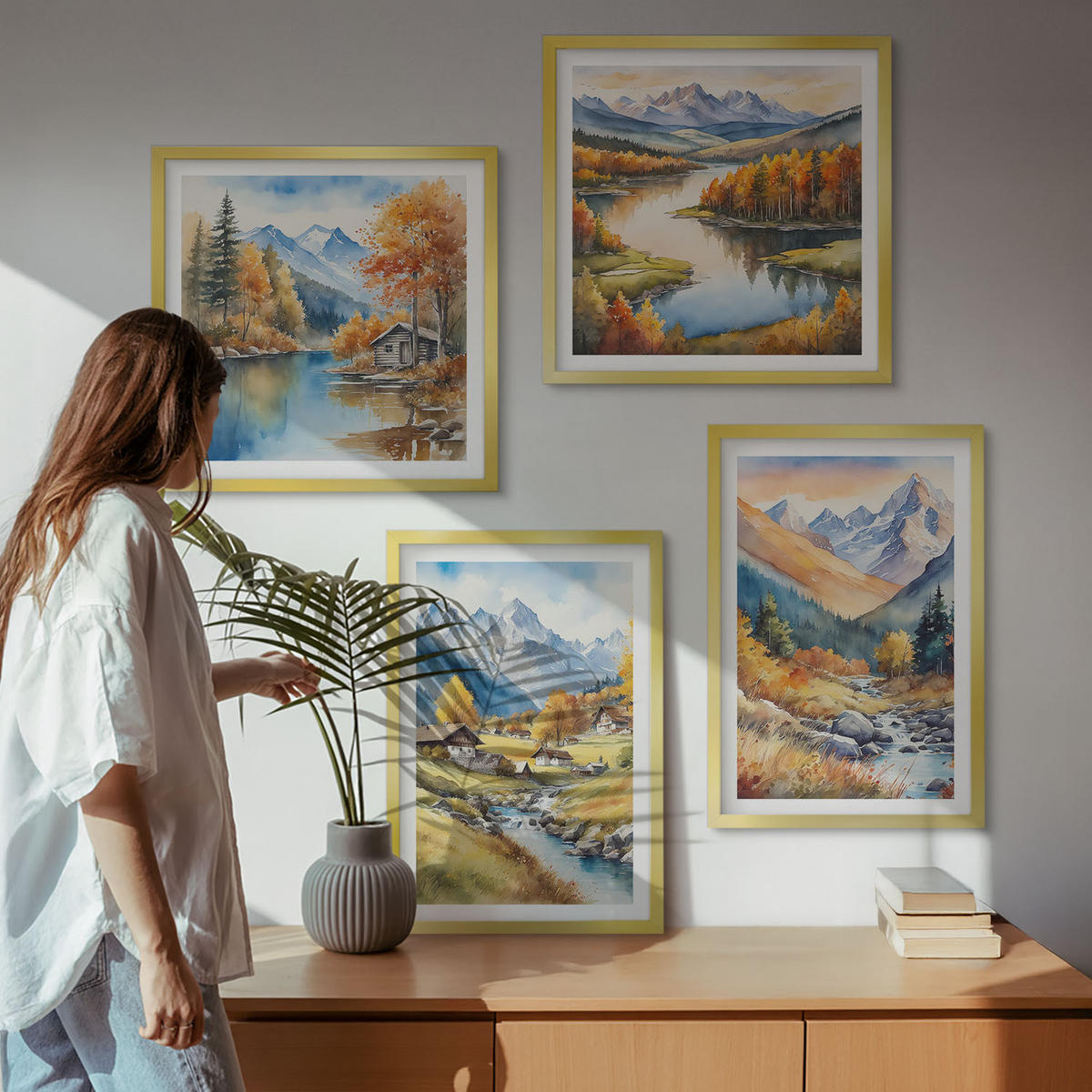 WANDBILDER 4er Set - 50x50 cm & 40x60 cm Goldrahmen - Herbstliche Naturlandschaften - Goldfarben, Kunststoff (50/50cm) - ArtPrintCave